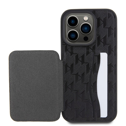 Deksel for Apple iPhone 15 Pro, Karl Lagerfeld, Saffiano Cardslots and Stand Monogram Ikonik Karl, Svart