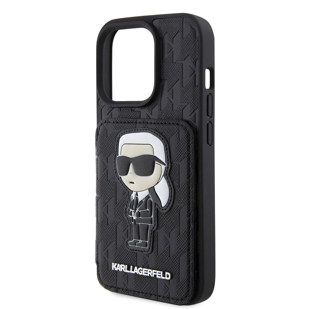 Deksel for Apple iPhone 15 Pro, Karl Lagerfeld, Saffiano Cardslots and Stand Monogram Ikonik Karl, Svart