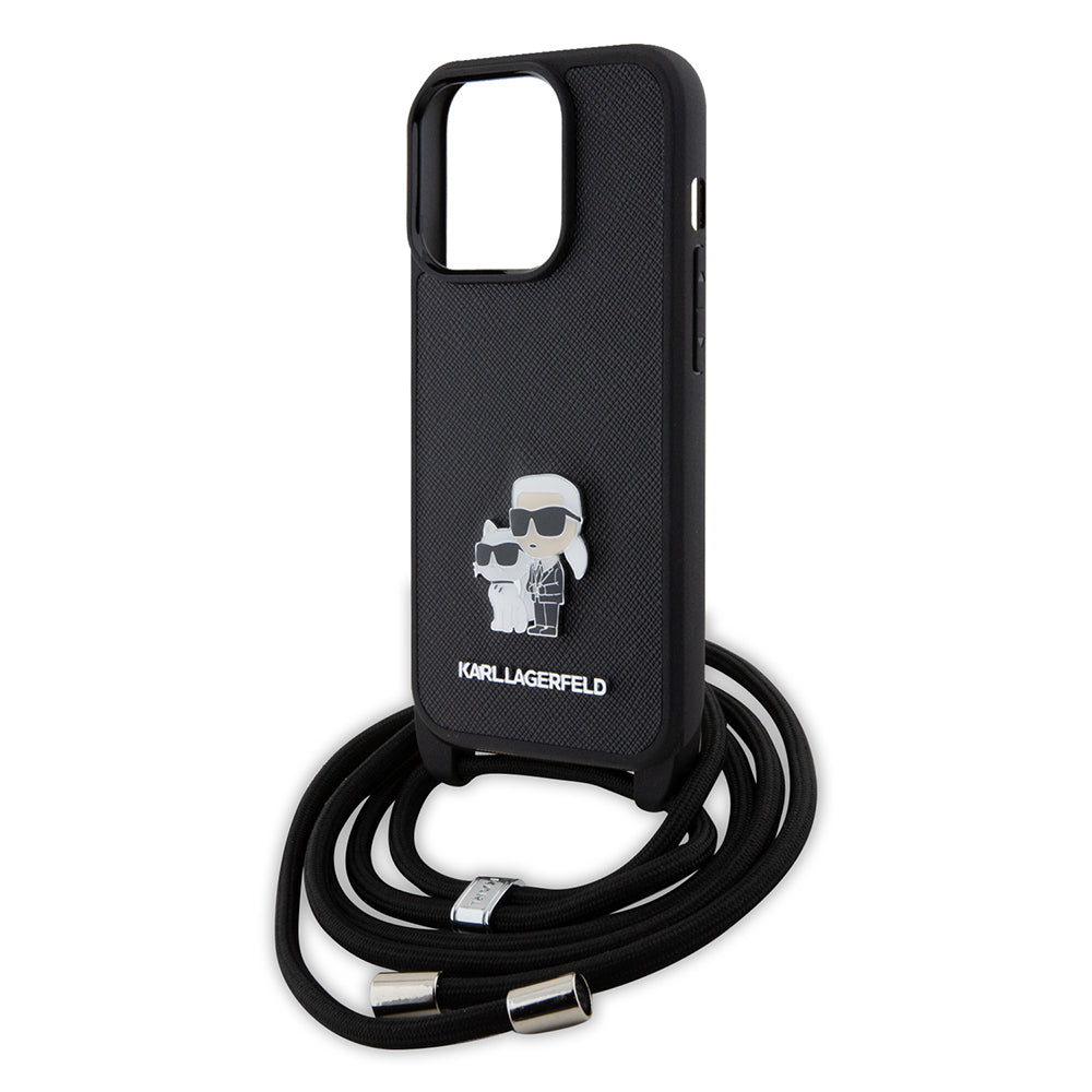 Deksel for Apple iPhone 15 Pro, Karl Lagerfeld, Saffiano Crossbody Metal Pin Karl & Choupette, Svart