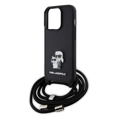 Deksel for Apple iPhone 15 Pro, Karl Lagerfeld, Saffiano Crossbody Metal Pin Karl & Choupette, Svart