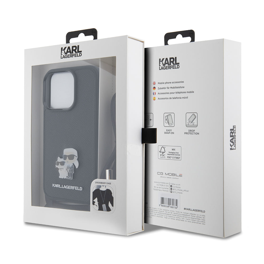 Deksel for Apple iPhone 15 Pro, Karl Lagerfeld, Saffiano Crossbody Metal Pin Karl & Choupette, Svart
