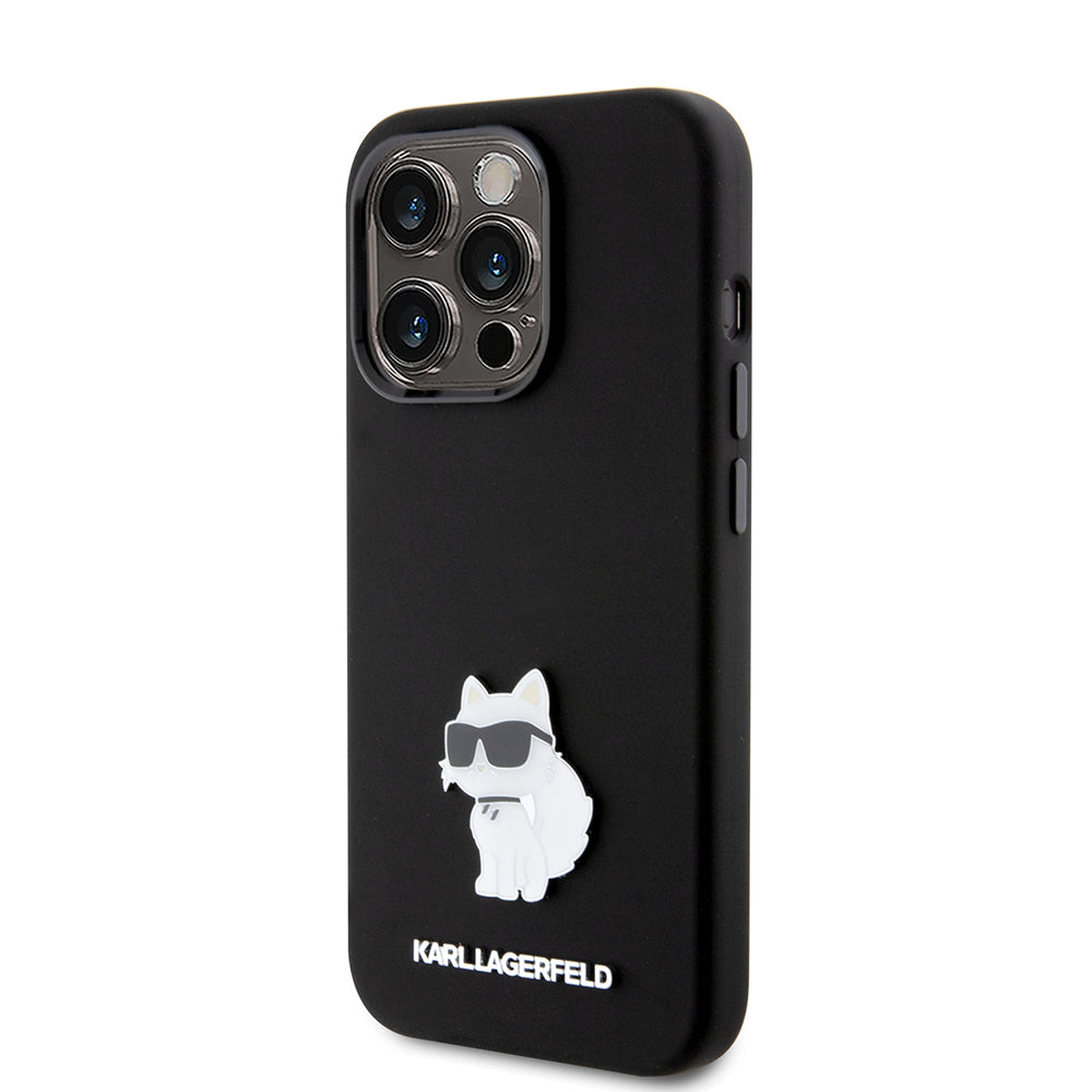 Deksel for Apple iPhone 15 Pro, Karl Lagerfeld, Silicone Choupette Metal, Svart