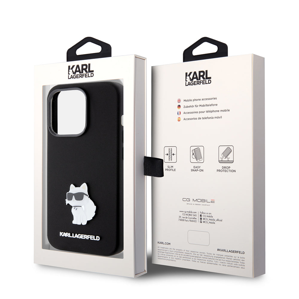 Deksel for Apple iPhone 15 Pro, Karl Lagerfeld, Silicone Choupette Metal, Svart