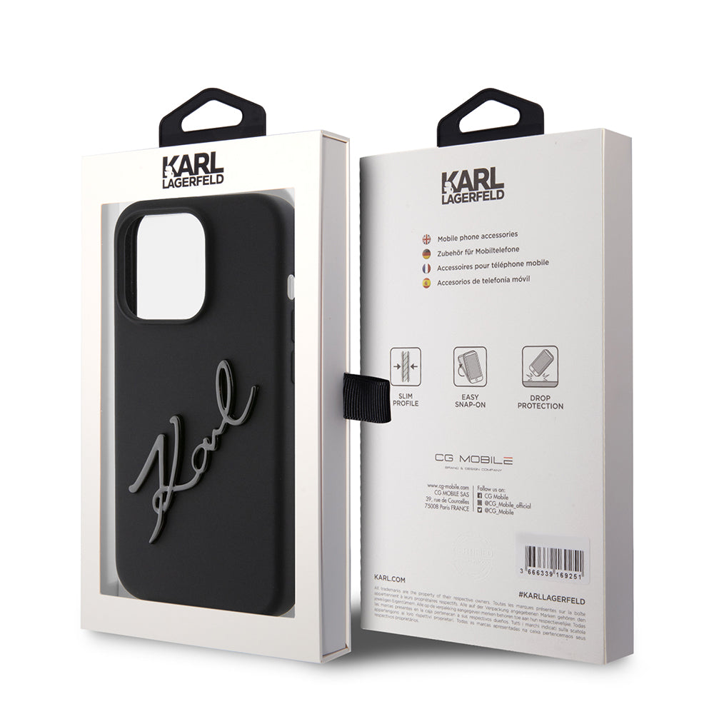 Deksel for Apple iPhone 15 Pro, Karl Lagerfeld, Silicone Karl Script, Svart