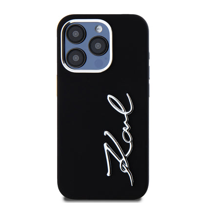 Deksel for Apple iPhone 15 Pro, Karl Lagerfeld, Silicone Metal Script Logo, Svart