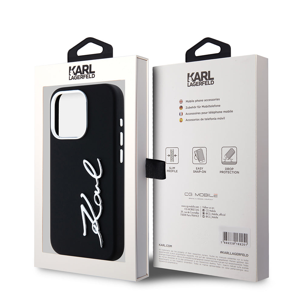 Deksel for Apple iPhone 15 Pro, Karl Lagerfeld, Silicone Metal Script Logo, Svart