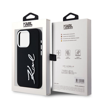Deksel for Apple iPhone 15 Pro, Karl Lagerfeld, Silicone Metal Script Logo, Svart