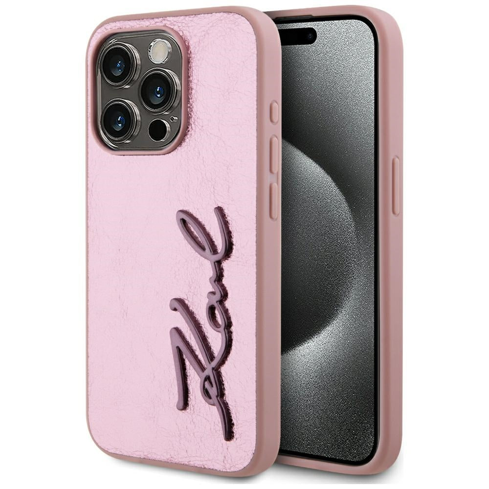 Deksel for Apple iPhone 15 Pro, Karl Lagerfeld, Metal Signature, Rosa