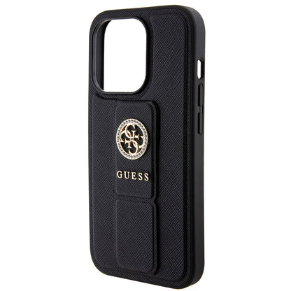 Deksel for Apple iPhone 15 Pro Max, Guess, Grip Stand 4G Saffiano Strass, Svart