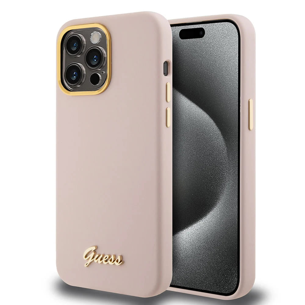 Deksel for Apple iPhone 15 Pro Max, Guess, Script Metal Logo & Frame, Lys Rosa