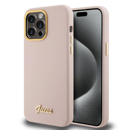 Deksel for Apple iPhone 15 Pro Max, Guess, Script Metal Logo & Frame, Lys Rosa