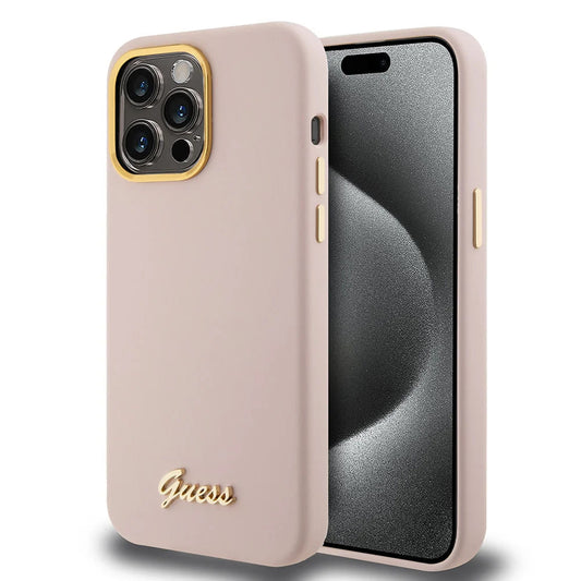 Deksel for Apple iPhone 15 Pro Max, Guess, Script Metal Logo & Frame, Lys Rosa