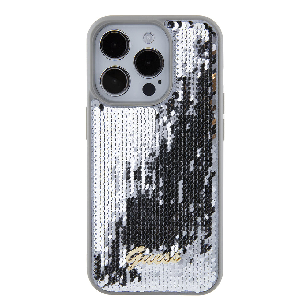 Deksel for Apple iPhone 15 Pro Max, Guess, Sequin Script Metal, Sølvfarget