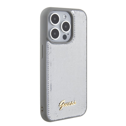 Deksel for Apple iPhone 15 Pro Max, Guess, Sequin Script Metal, Sølvfarget