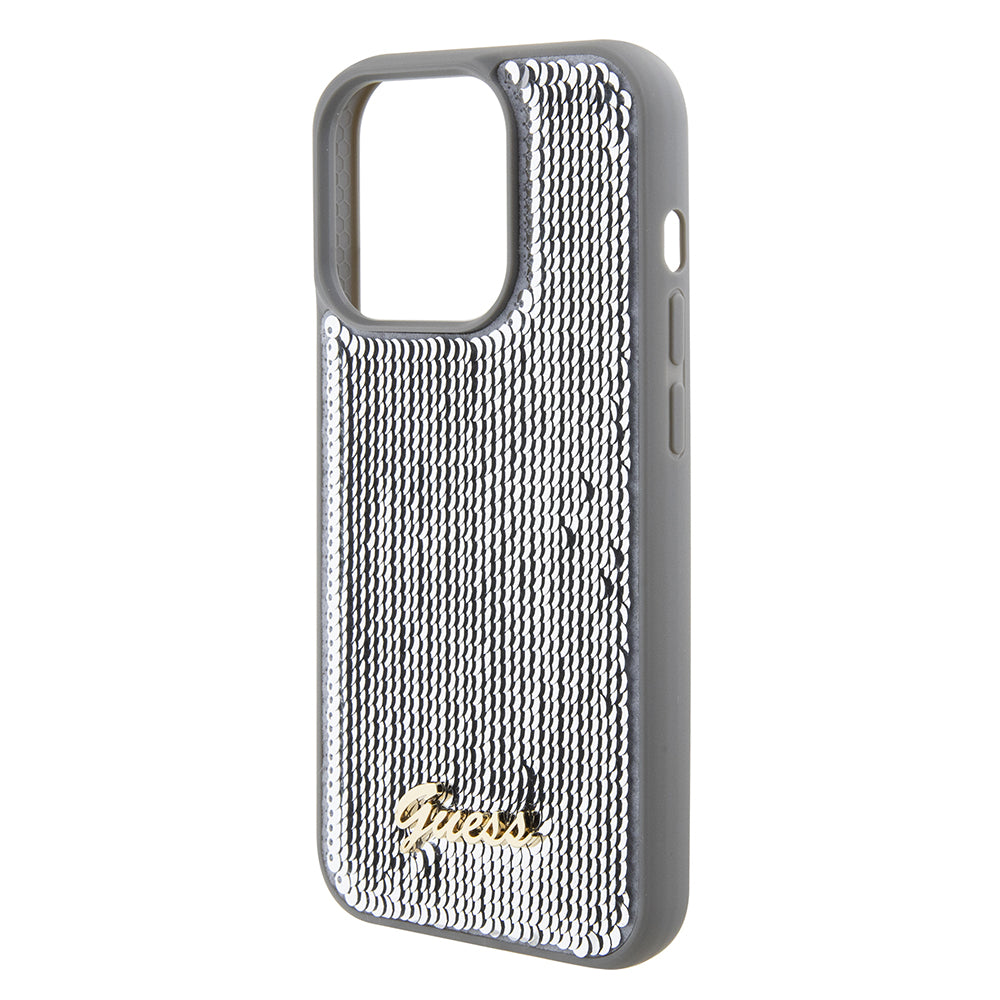 Deksel for Apple iPhone 15 Pro Max, Guess, Sequin Script Metal, Sølvfarget