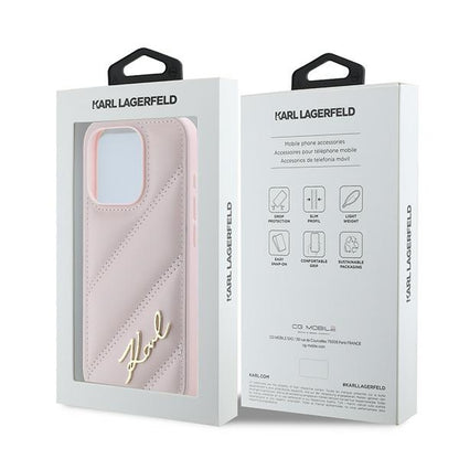 Deksel for Apple iPhone 15 Pro Max, Karl Lagerfeld, Diagonal Quilted Script, Rosa