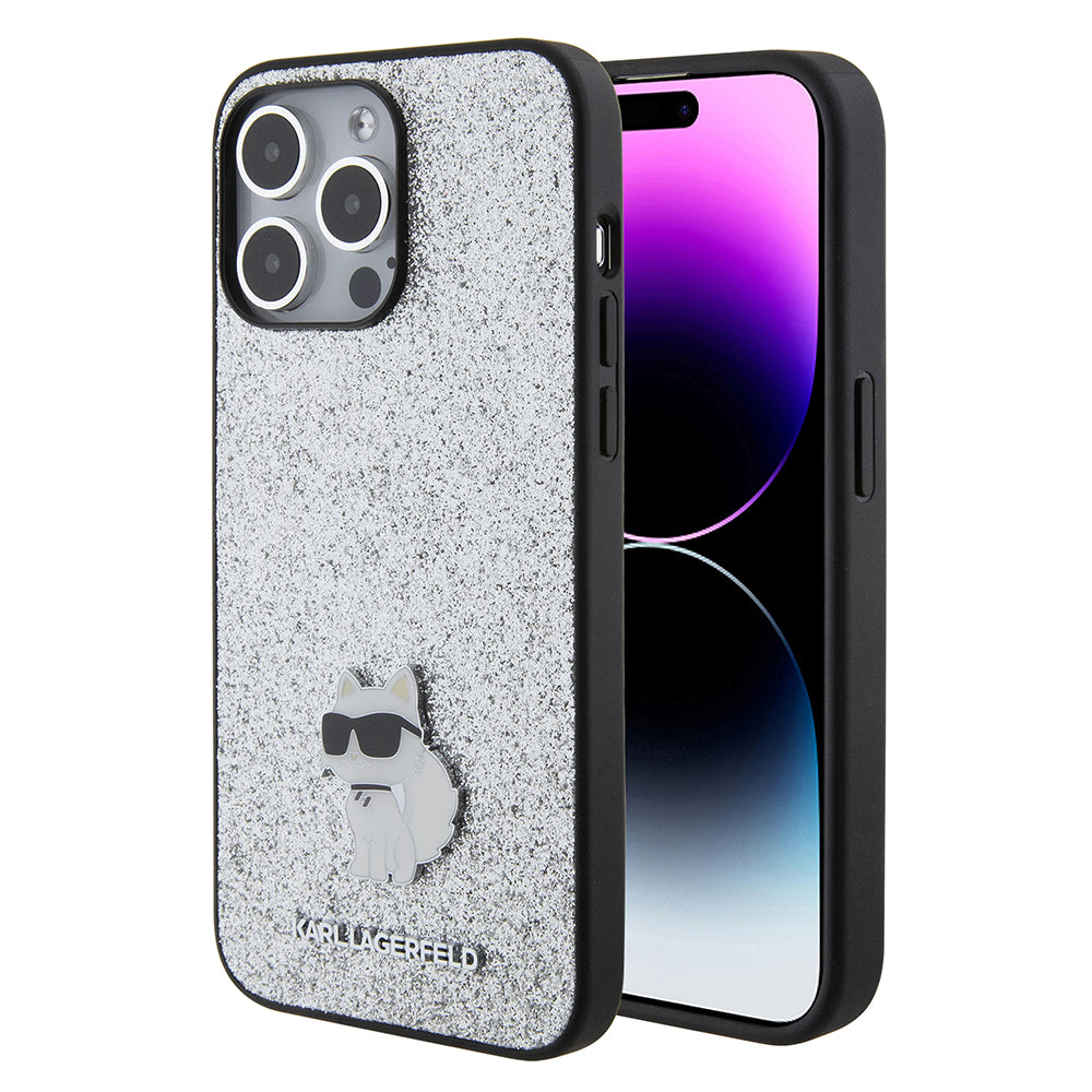 Deksel for Apple iPhone 15 Pro Max, Karl Lagerfeld, Glitter Fixed Choupette Logo, Sølvfarget