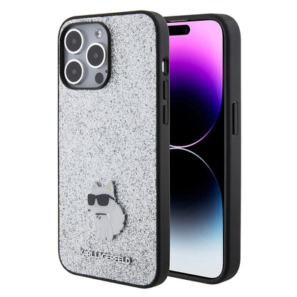 Deksel for Apple iPhone 15 Pro Max, Karl Lagerfeld, Glitter Fixed Choupette Logo, Sølvfarget
