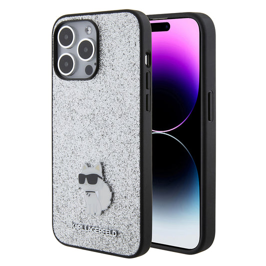 Deksel for Apple iPhone 15 Pro Max, Karl Lagerfeld, Glitter Fixed Choupette Logo, Sølvfarget
