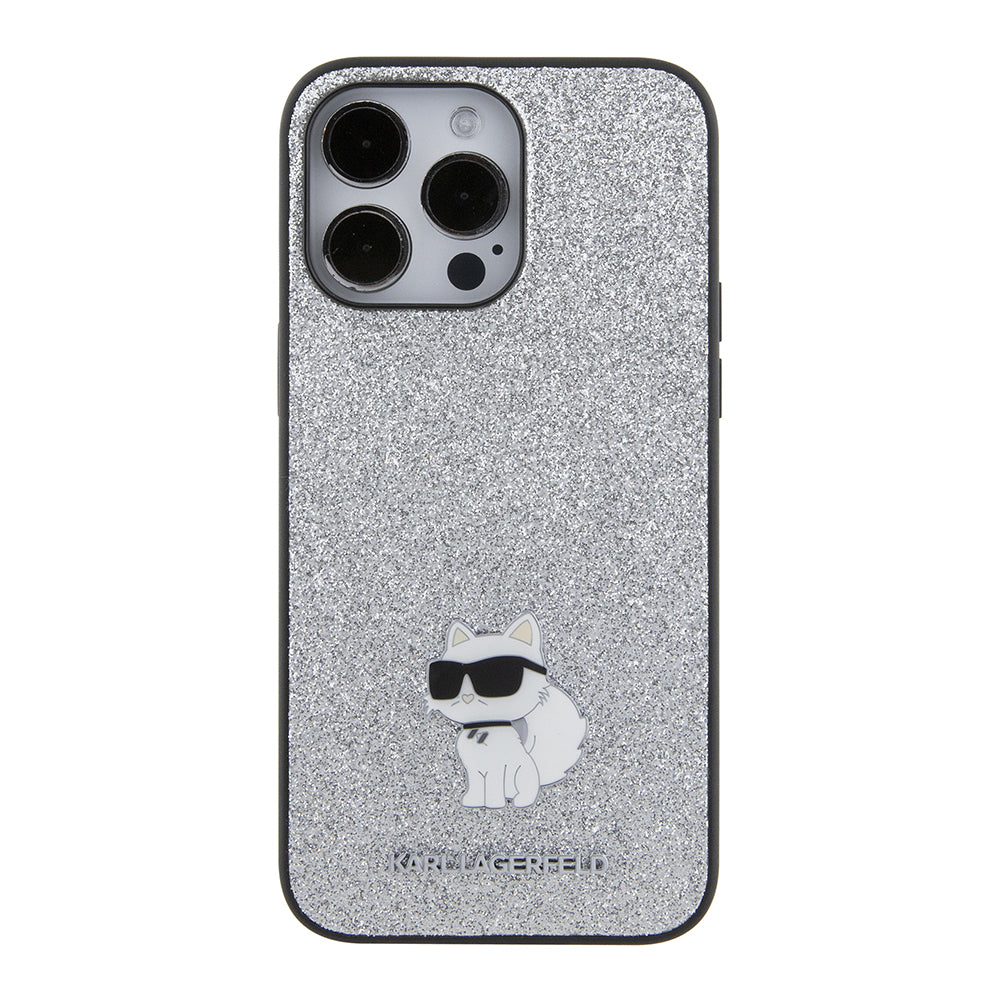 Deksel for Apple iPhone 15 Pro Max, Karl Lagerfeld, Glitter Fixed Choupette Logo, Sølvfarget