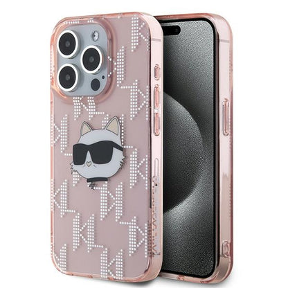 Deksel for Apple iPhone 15 Pro Max, Karl Lagerfeld, IML Luxury Monogram Choupette's Head, Rosa