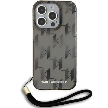 Deksel for Apple iPhone 15 Pro Max, Karl Lagerfeld, IML Luxury Monogram KL Pattern with Strap, Svart