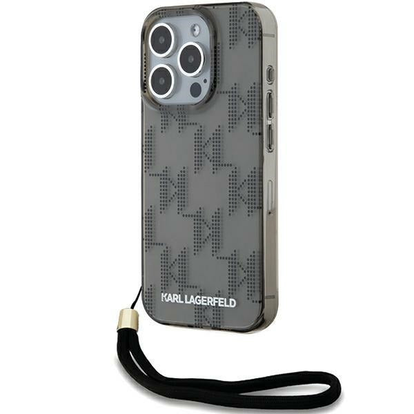 Deksel for Apple iPhone 15 Pro Max, Karl Lagerfeld, IML Luxury Monogram KL Pattern with Strap, Svart