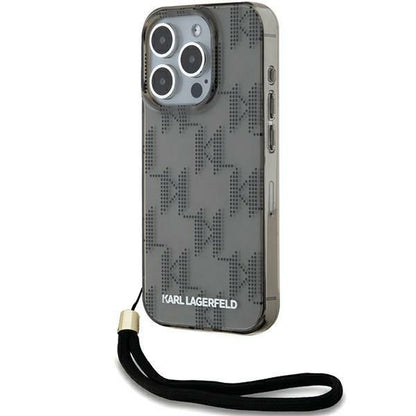 Deksel for Apple iPhone 15 Pro Max, Karl Lagerfeld, IML Luxury Monogram KL Pattern with Strap, Svart