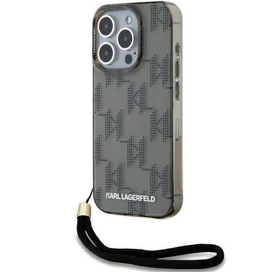 Deksel for Apple iPhone 15 Pro Max, Karl Lagerfeld, IML Luxury Monogram KL Pattern with Strap, Svart