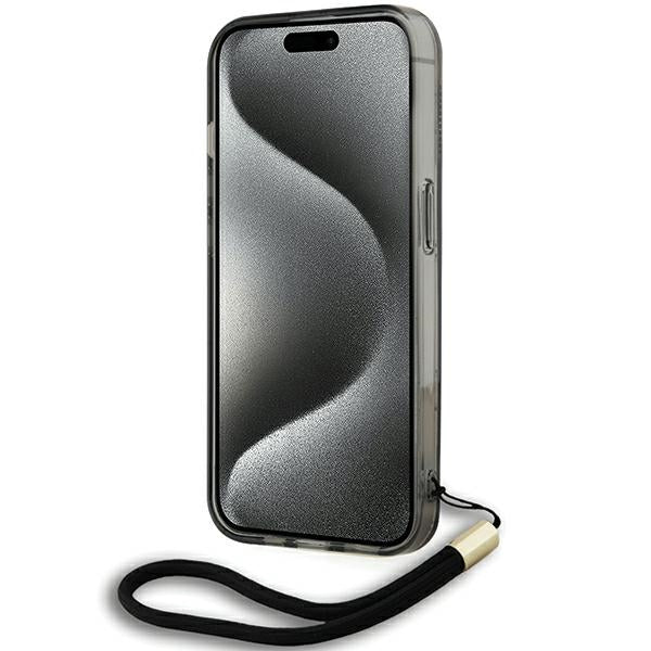 Deksel for Apple iPhone 15 Pro Max, Karl Lagerfeld, IML Luxury Monogram KL Pattern with Strap, Svart