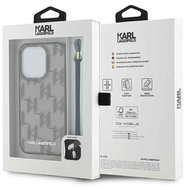 Deksel for Apple iPhone 15 Pro Max, Karl Lagerfeld, IML Luxury Monogram KL Pattern with Strap, Svart