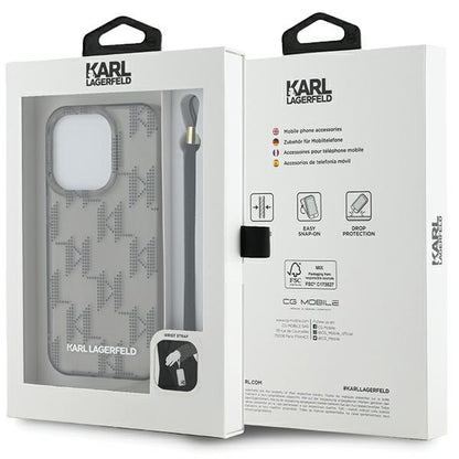 Deksel for Apple iPhone 15 Pro Max, Karl Lagerfeld, IML Luxury Monogram KL Pattern with Strap, Svart