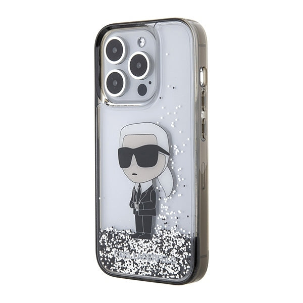 Deksel for Apple iPhone 15 Pro Max, Karl Lagerfeld, Liquid Glitter Ikonik Karl, Gjennomsiktig