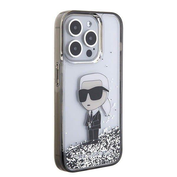 Deksel for Apple iPhone 15 Pro Max, Karl Lagerfeld, Liquid Glitter Ikonik Karl, Gjennomsiktig