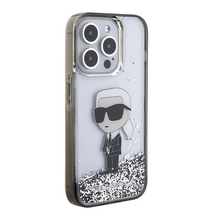Deksel for Apple iPhone 15 Pro Max, Karl Lagerfeld, Liquid Glitter Ikonik Karl, Gjennomsiktig