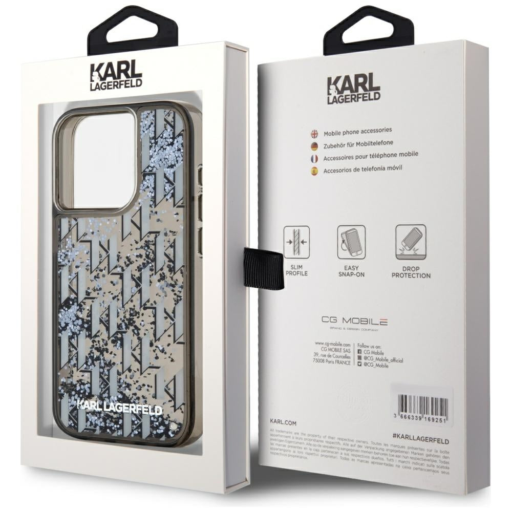 Deksel for Apple iPhone 15 Pro Max, Karl Lagerfeld, Liquid Glitter Monogram, Svart