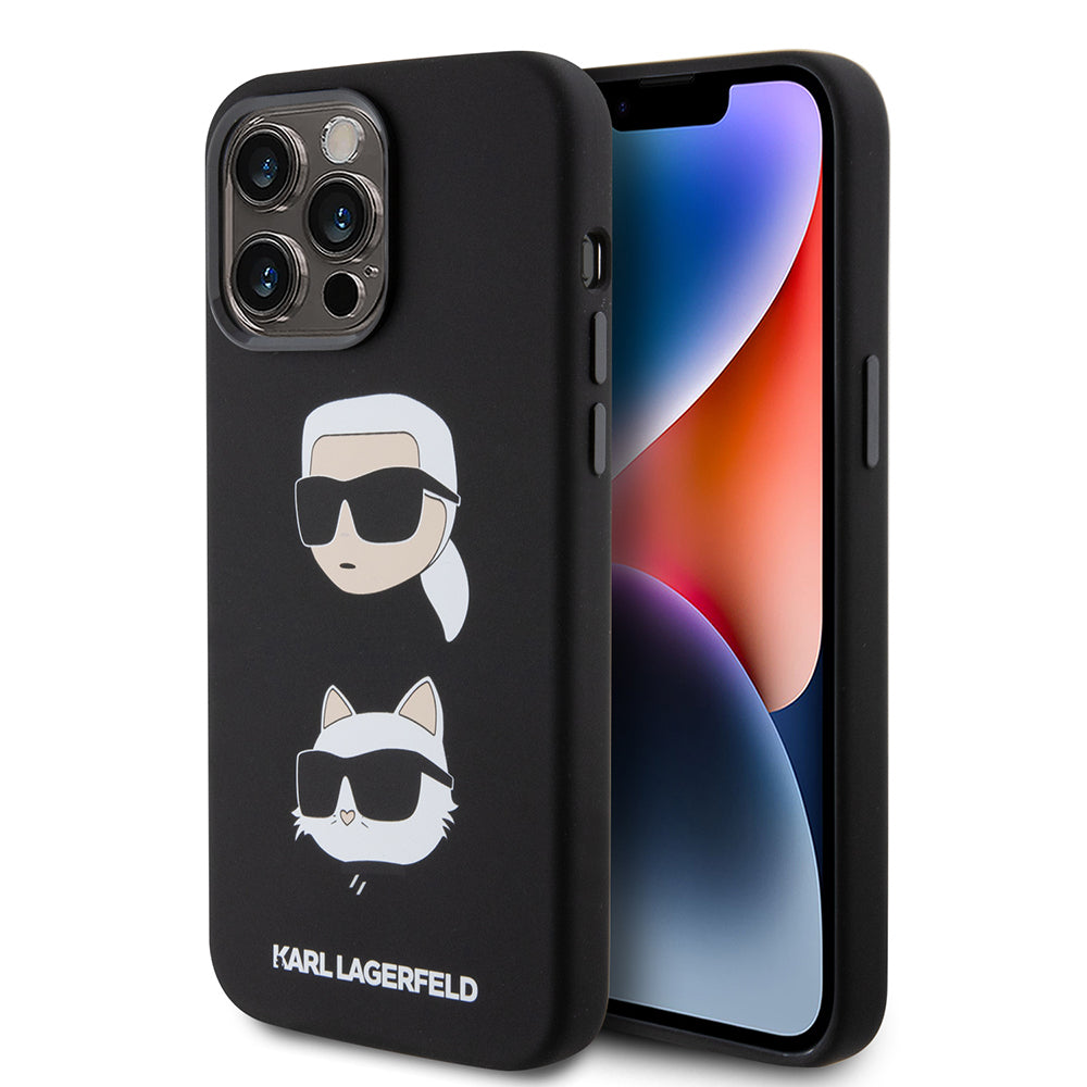 Deksel for Apple iPhone 15 Pro Max, Karl Lagerfeld, Silicone Karl & Choupette Heads, Svart