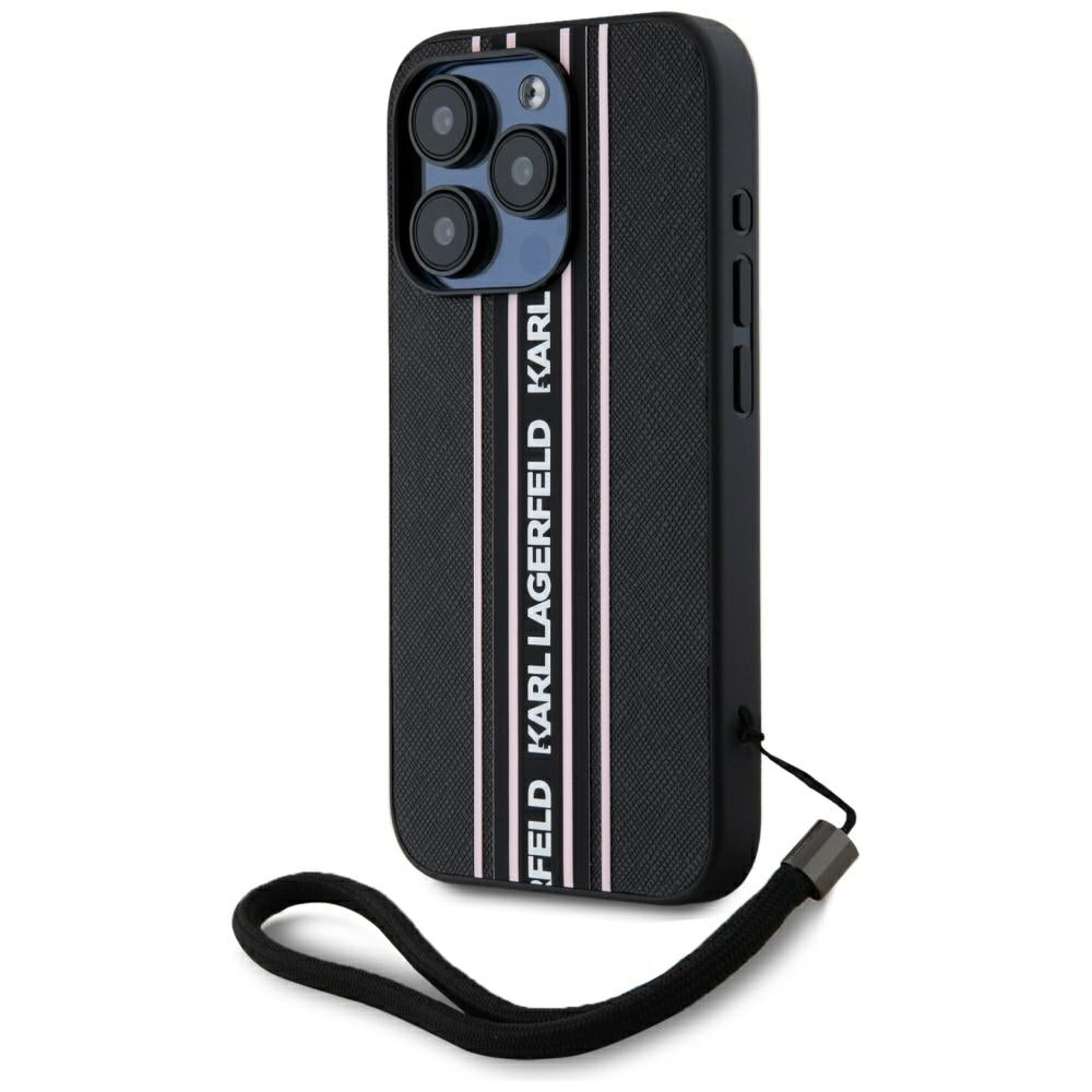 Deksel for Apple iPhone 15 Pro Max, Karl Lagerfeld, Saffiano Athleisure Stripes with Strap, Rosa