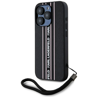 Deksel for Apple iPhone 15 Pro Max, Karl Lagerfeld, Saffiano Athleisure Stripes with Strap, Rosa