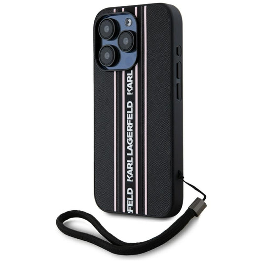 Deksel for Apple iPhone 15 Pro Max, Karl Lagerfeld, Saffiano Athleisure Stripes with Strap, Rosa