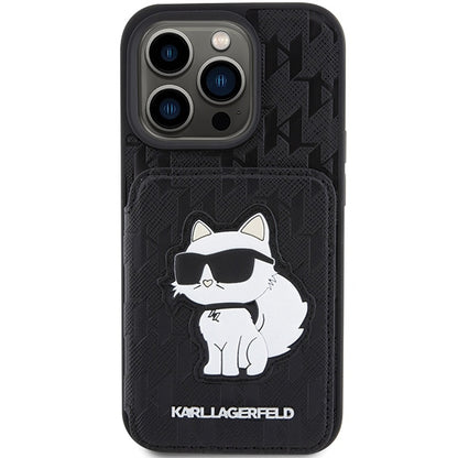 Deksel for Apple iPhone 15 Pro Max, Karl Lagerfeld, Saffiano Cardslots and Stand Monogram Choupette, Svart