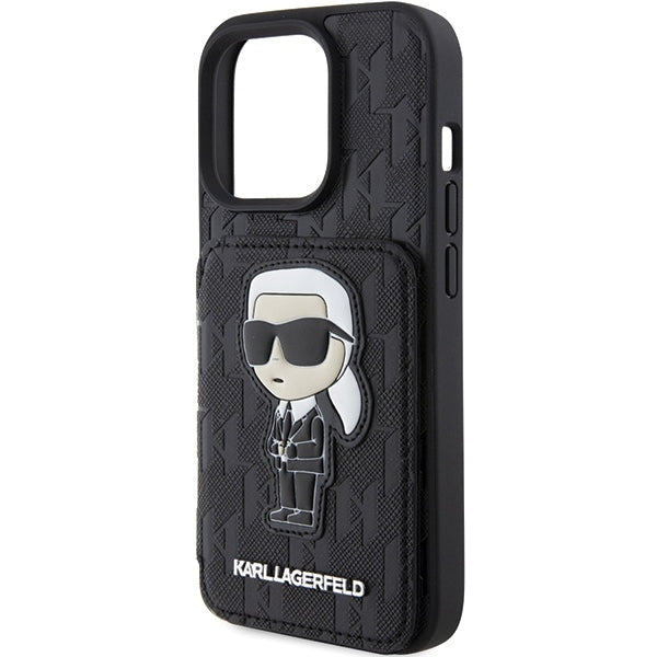 Deksel for Apple iPhone 15 Pro Max, Karl Lagerfeld, Saffiano Cardslots and Stand Monogram Ikonik Karl, Svart