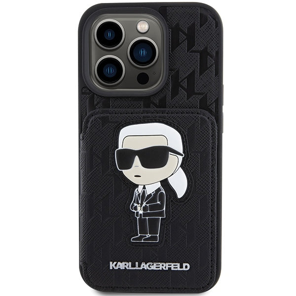 Deksel for Apple iPhone 15 Pro Max, Karl Lagerfeld, Saffiano Cardslots and Stand Monogram Ikonik Karl, Svart