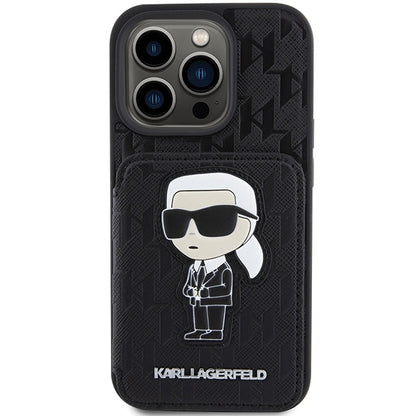 Deksel for Apple iPhone 15 Pro Max, Karl Lagerfeld, Saffiano Cardslots and Stand Monogram Ikonik Karl, Svart
