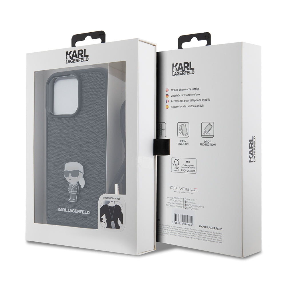 Deksel for Apple iPhone 15 Pro Max, Karl Lagerfeld, Saffiano Crossbody Monogram Metal Pin Karl, Svart