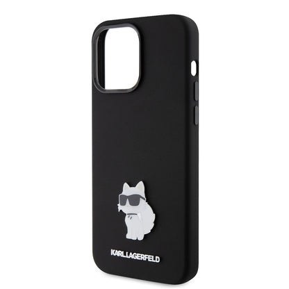 Deksel for Apple iPhone 15 Pro Max, Karl Lagerfeld, Silicone Choupette Metal, Svart