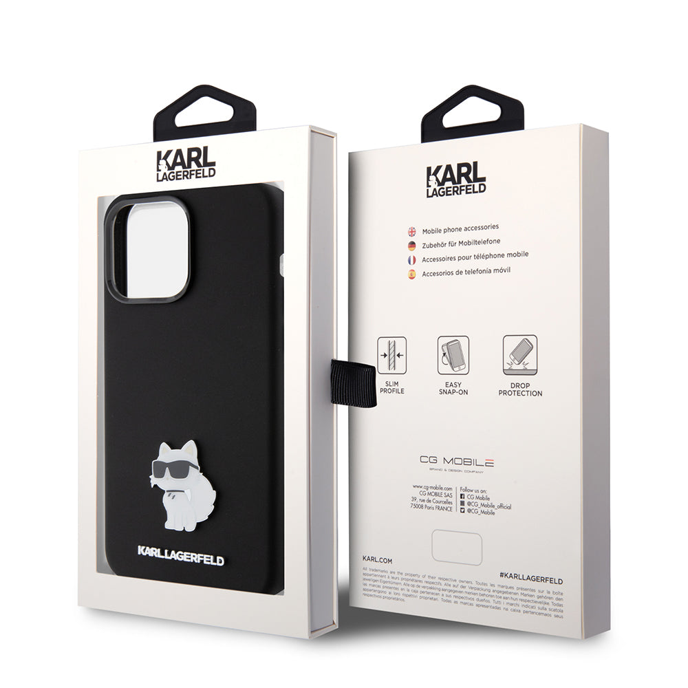 Deksel for Apple iPhone 15 Pro Max, Karl Lagerfeld, Silicone Choupette Metal, Svart