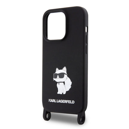 Deksel for Apple iPhone 15 Pro Max, Karl Lagerfeld, Silicone Crossbody Choupette, Svart