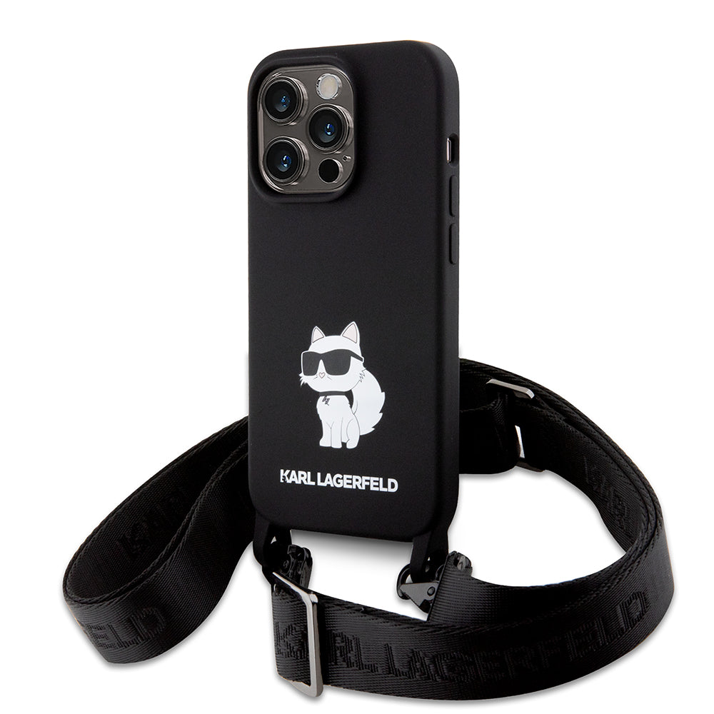 Deksel for Apple iPhone 15 Pro Max, Karl Lagerfeld, Silicone Crossbody Ikonik Karl, Svart