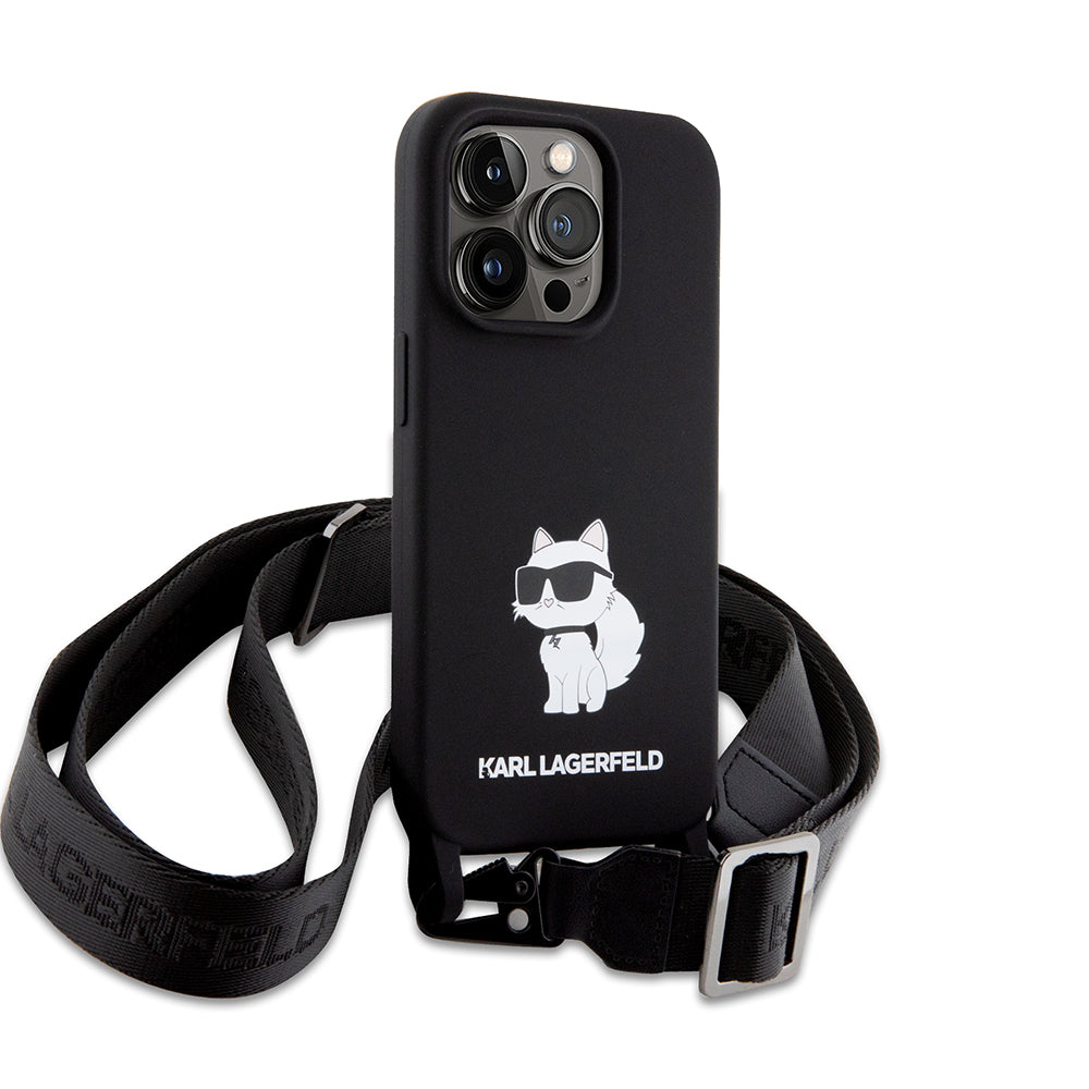 Deksel for Apple iPhone 15 Pro Max, Karl Lagerfeld, Silicone Crossbody Ikonik Karl, Svart